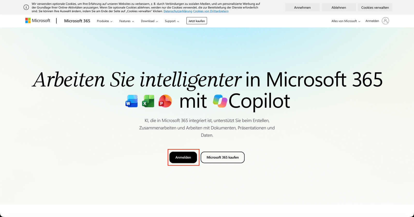 Microsoft-Startseite mit markierter Schaltfläche Anmelden