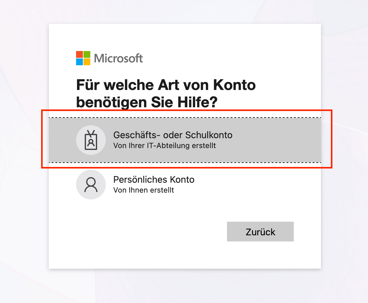 Microsoft-Auswahl mit der Option Geschäfts- oder Schulkonto