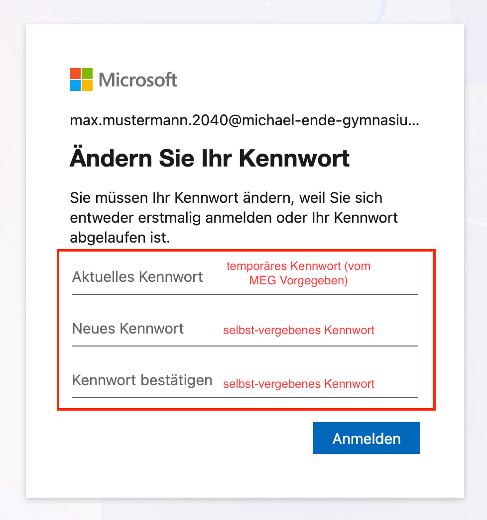 Formular zum Festlegen eines neuen Kennworts