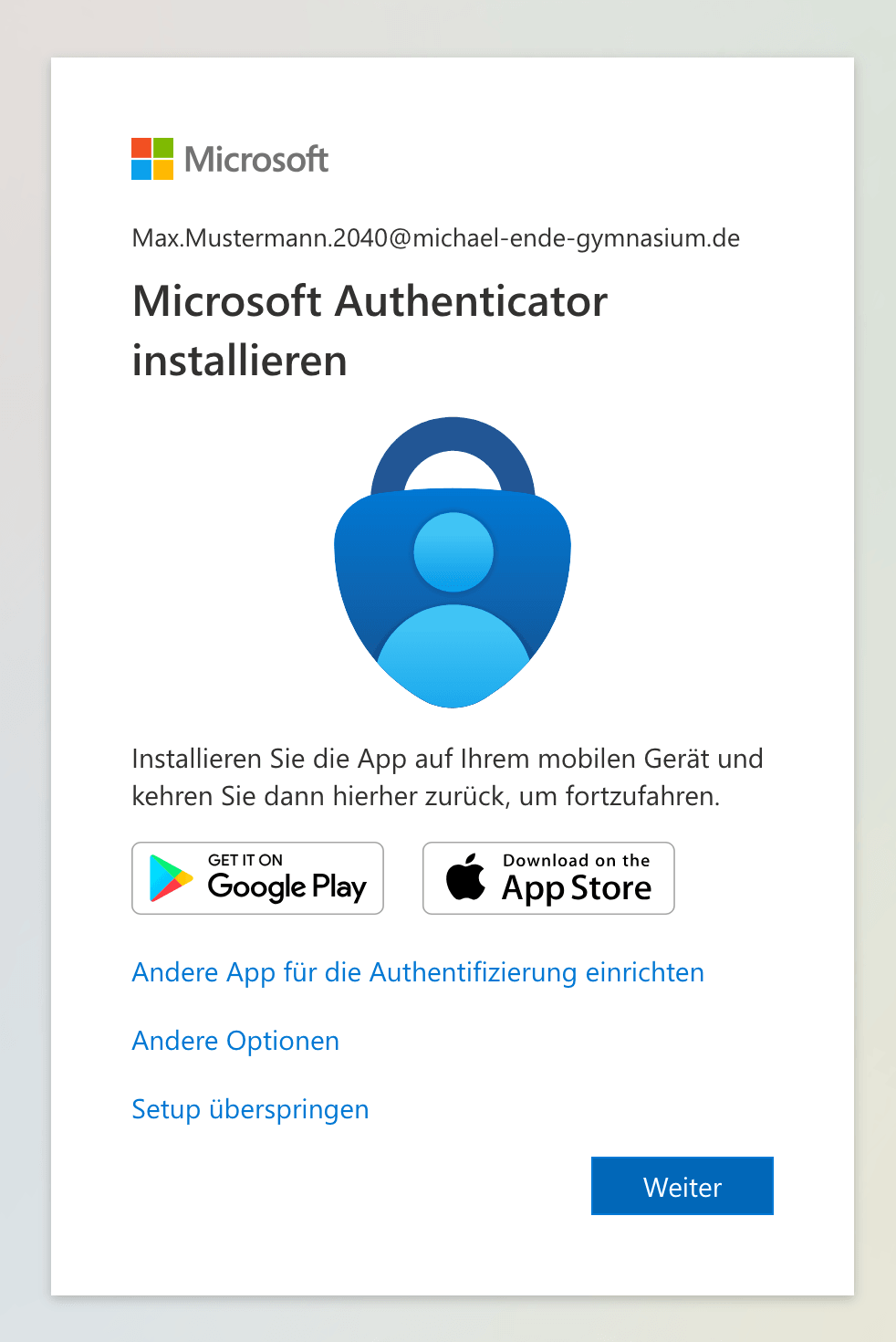Microsoft-Aufforderung zum Einrichten zusätzlicher Sicherheitsinformationen