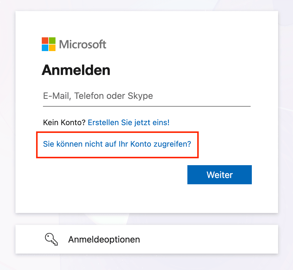 Microsoft-Seite mit der Hilfe für ein vergessenes Kennwort